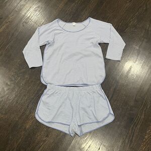LAKE Pima Cotton Pajama Set Women’s Medium Blue Striped Shirt Shorts Soft Comfy